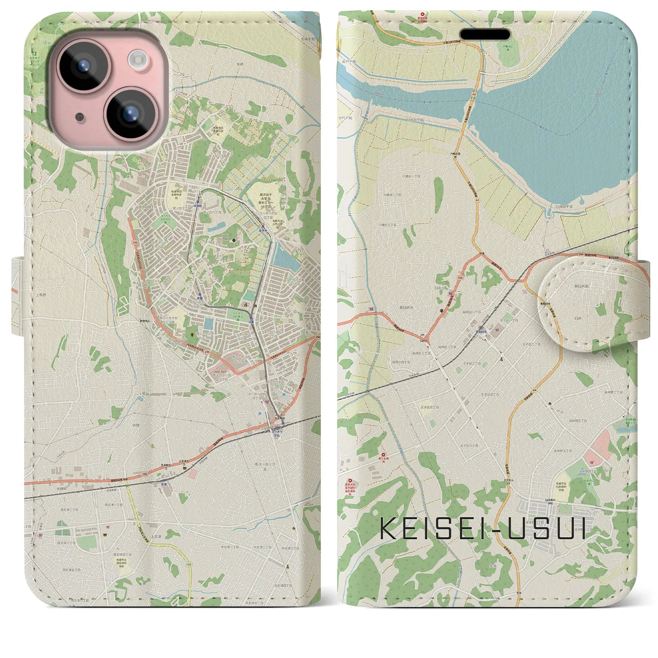 【京成臼井(千葉県)】地図柄iPhoneケース(手帳タイプ)ナチュラル・iPhone 15 Plus 用