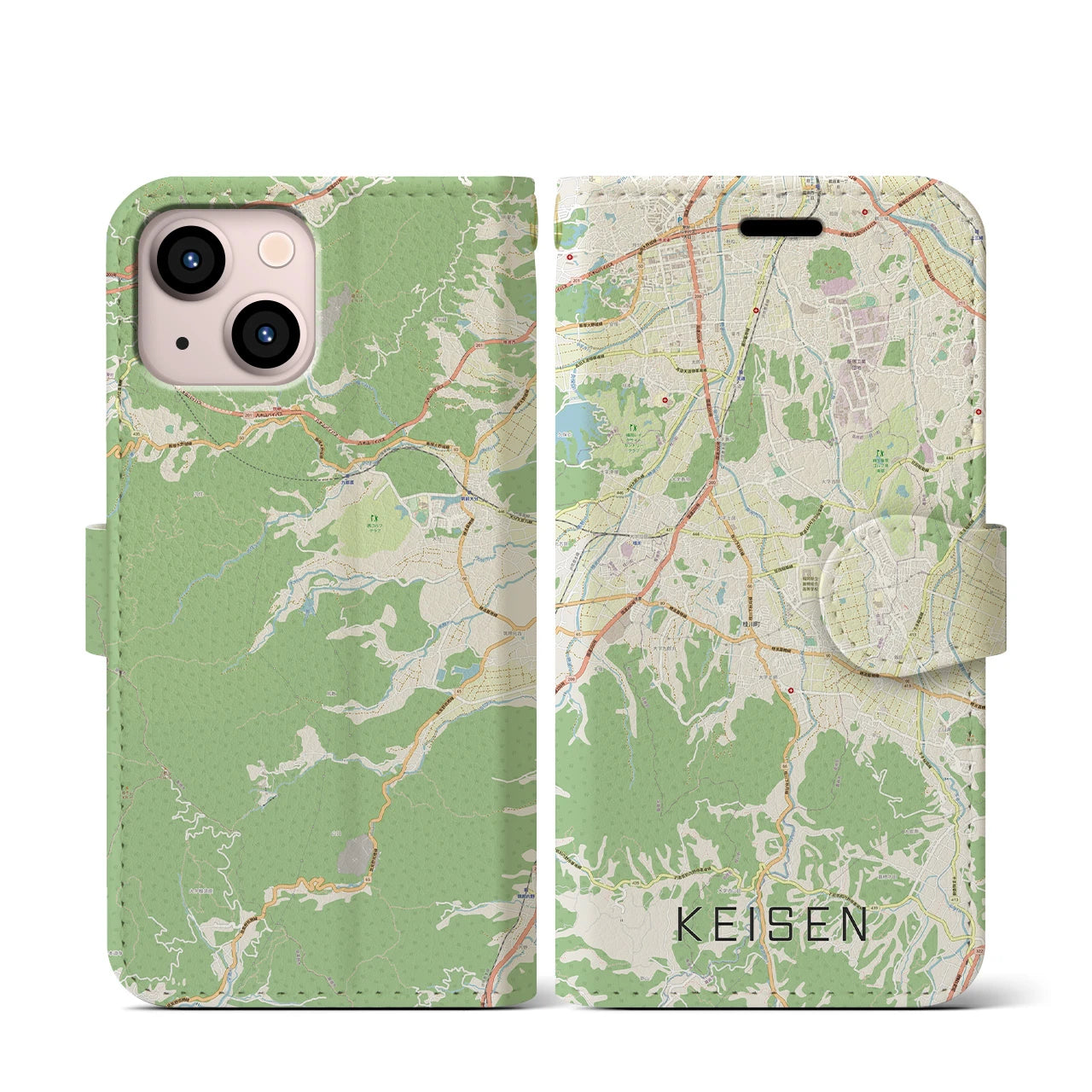 【桂川(福岡県)】地図柄iPhoneケース(手帳タイプ)ナチュラル・iPhone 13 mini 用