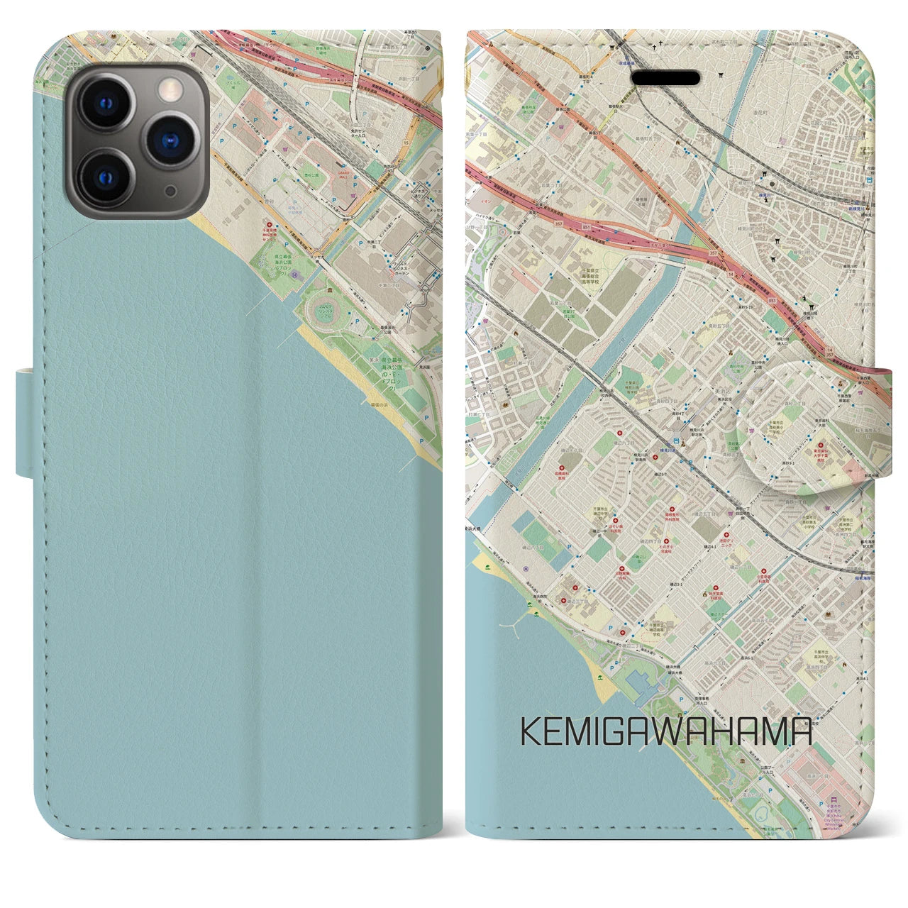 【検見川浜(千葉県)】地図柄iPhoneケース(手帳タイプ)ナチュラル・iPhone 11 Pro Max 用