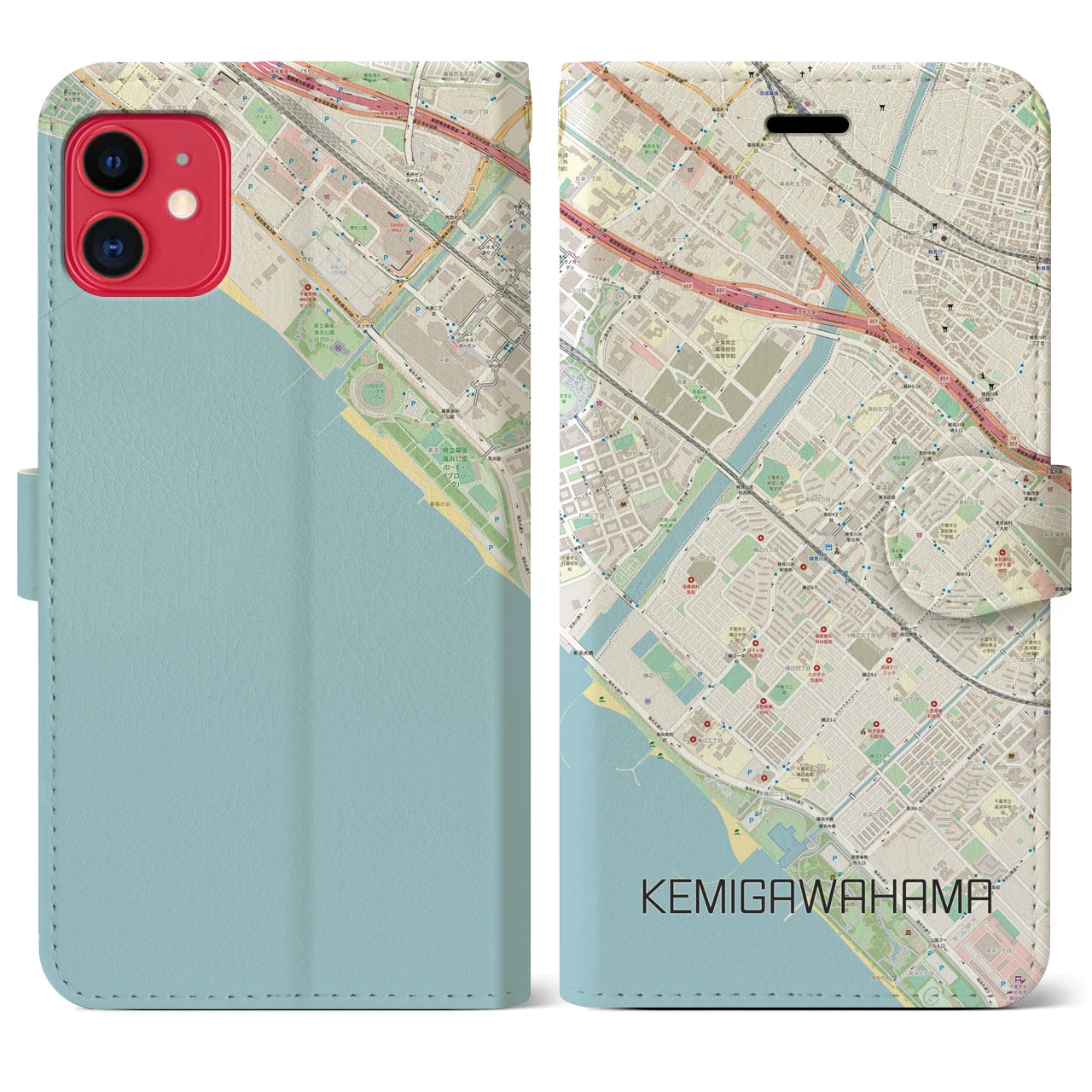 【検見川浜(千葉県)】地図柄iPhoneケース(手帳タイプ)ナチュラル・iPhone 11 用