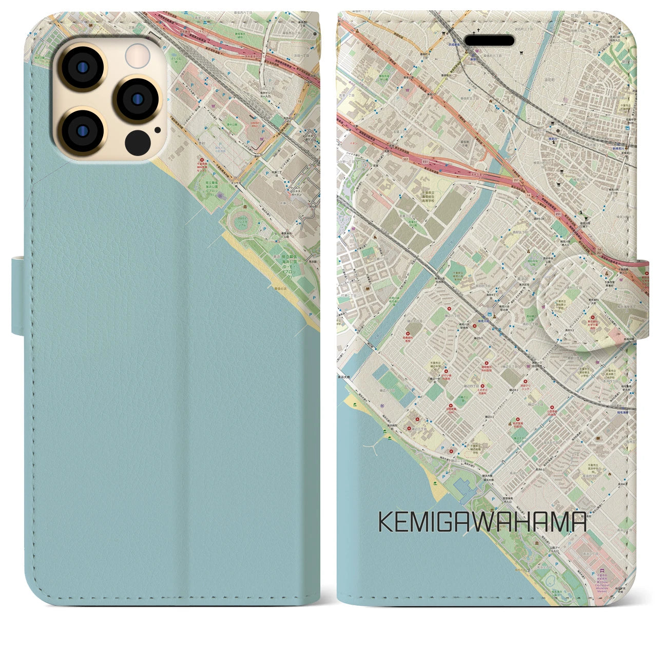 【検見川浜(千葉県)】地図柄iPhoneケース(手帳タイプ)ナチュラル・iPhone 12 Pro Max 用