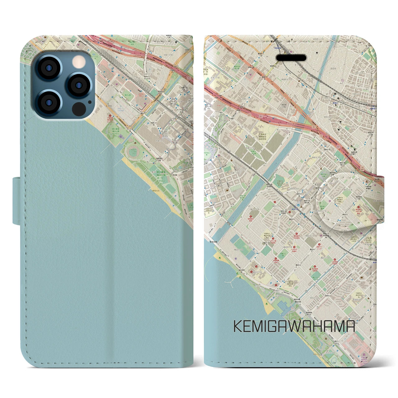 【検見川浜(千葉県)】地図柄iPhoneケース(手帳タイプ)ナチュラル・iPhone 12 / 12 Pro 用