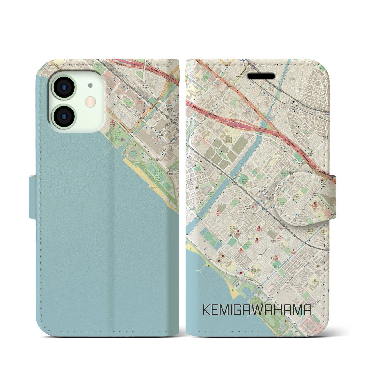 【検見川浜(千葉県)】地図柄iPhoneケース(手帳タイプ)ナチュラル・iPhone 12 mini 用
