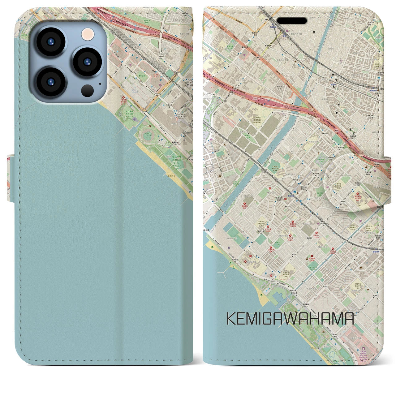 【検見川浜(千葉県)】地図柄iPhoneケース(手帳タイプ)ナチュラル・iPhone 13 Pro Max 用