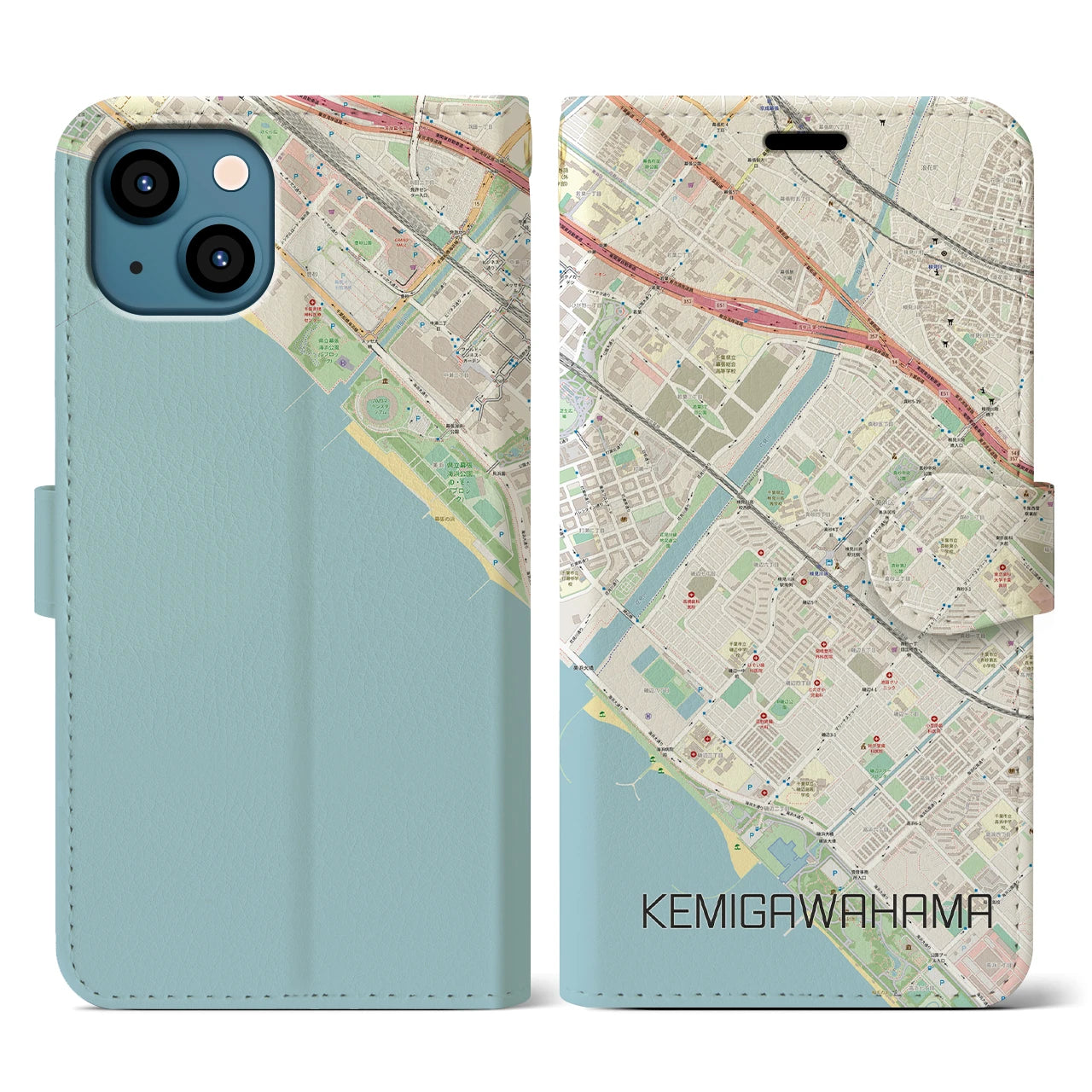 【検見川浜(千葉県)】地図柄iPhoneケース(手帳タイプ)ナチュラル・iPhone 13 用