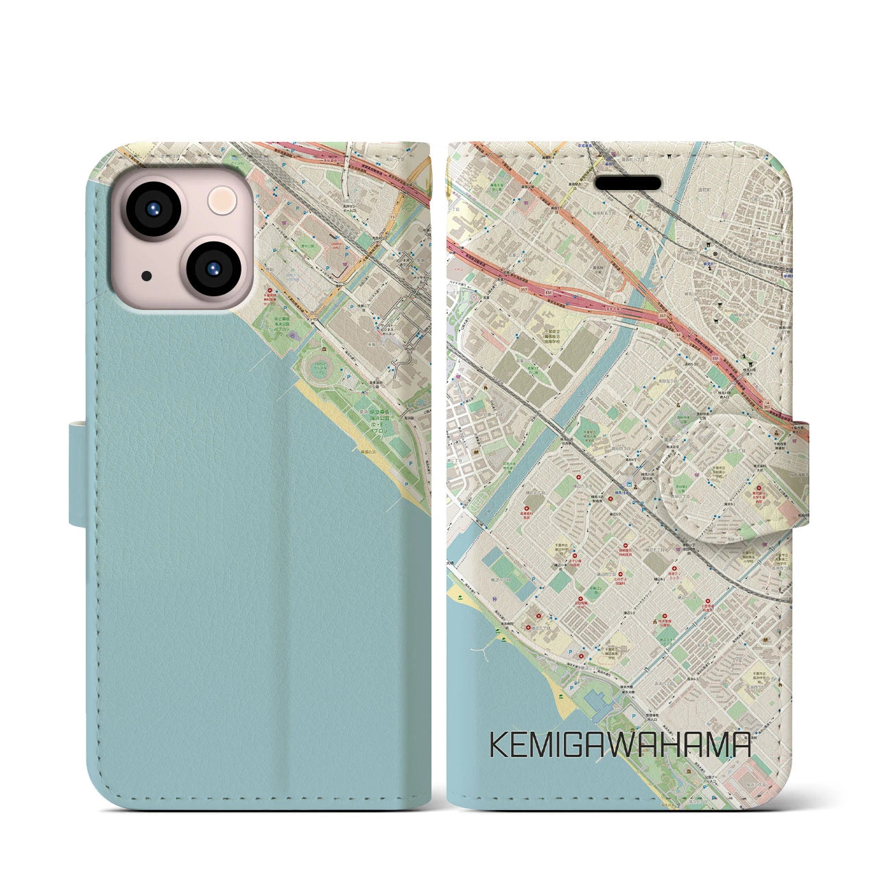 【検見川浜(千葉県)】地図柄iPhoneケース(手帳タイプ)ナチュラル・iPhone 13 mini 用