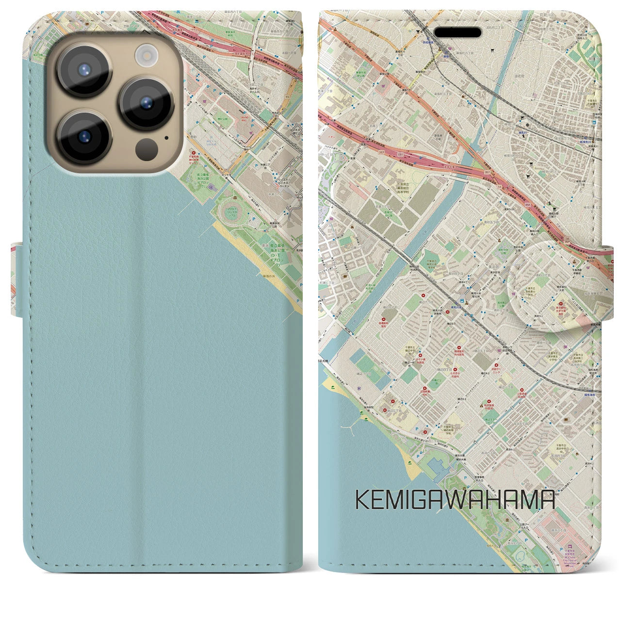 【検見川浜(千葉県)】地図柄iPhoneケース(手帳タイプ)ナチュラル・iPhone 14 Pro Max 用
