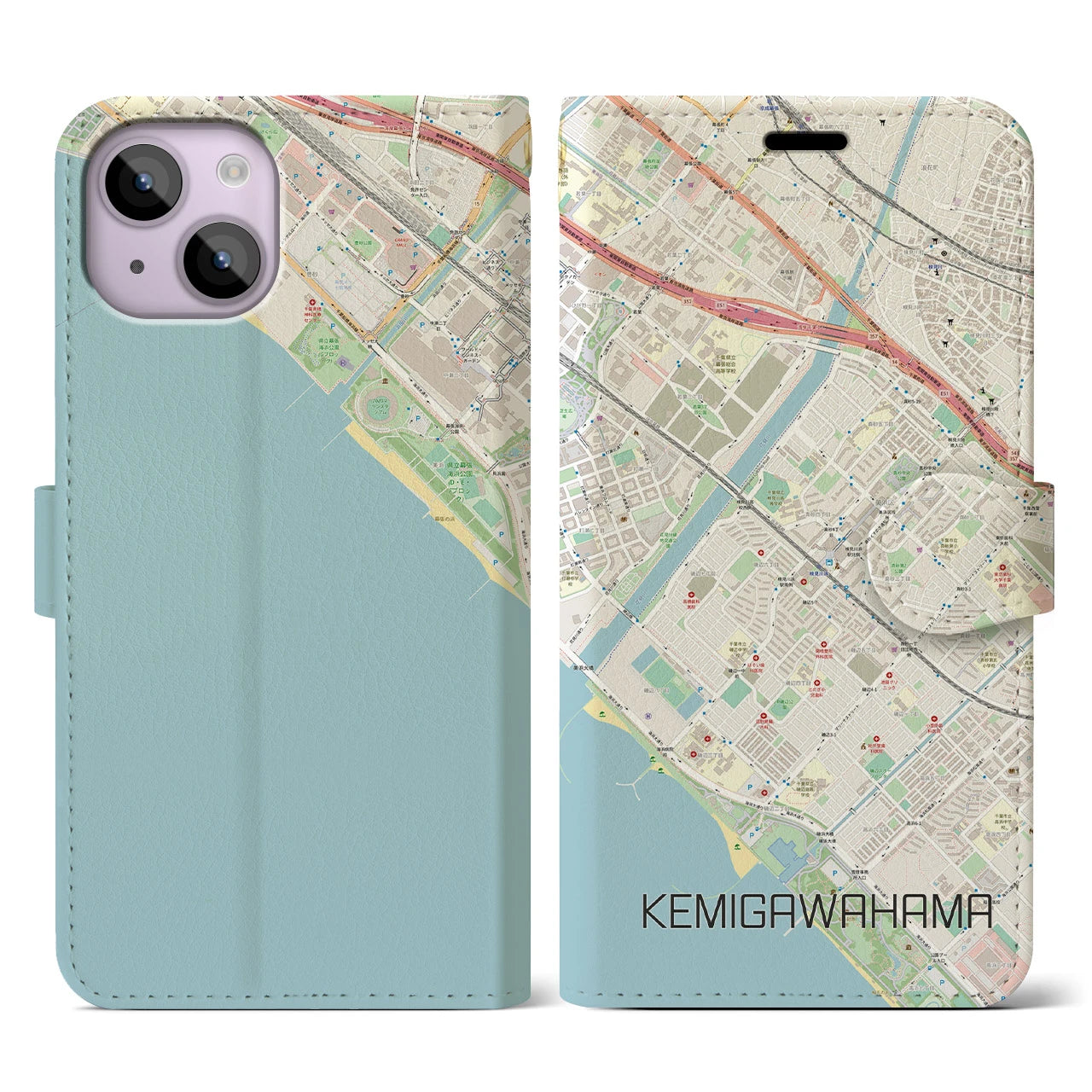 【検見川浜(千葉県)】地図柄iPhoneケース(手帳タイプ)ナチュラル・iPhone 14 用
