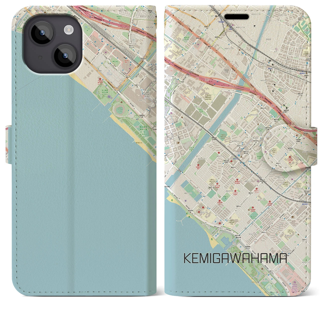 【検見川浜(千葉県)】地図柄iPhoneケース(手帳タイプ)ナチュラル・iPhone 14 Plus 用