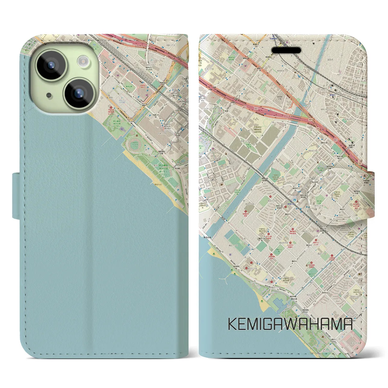 【検見川浜(千葉県)】地図柄iPhoneケース(手帳タイプ)ナチュラル・iPhone 15 用