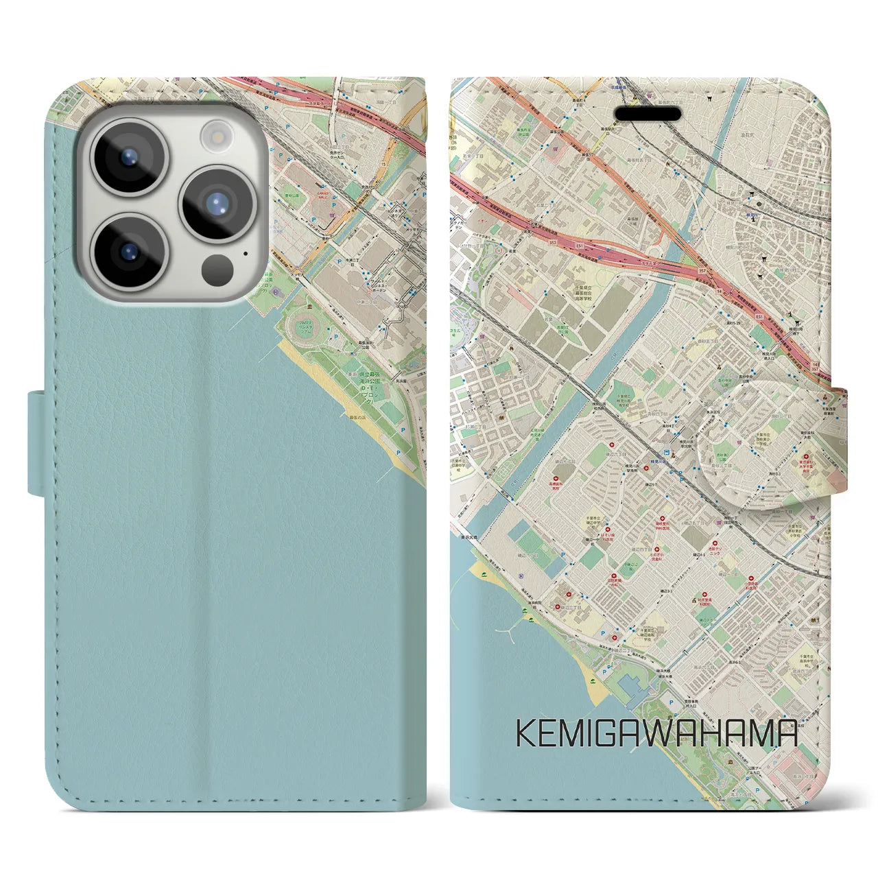 【検見川浜(千葉県)】地図柄iPhoneケース(手帳タイプ)ナチュラル・iPhone 15 Pro 用