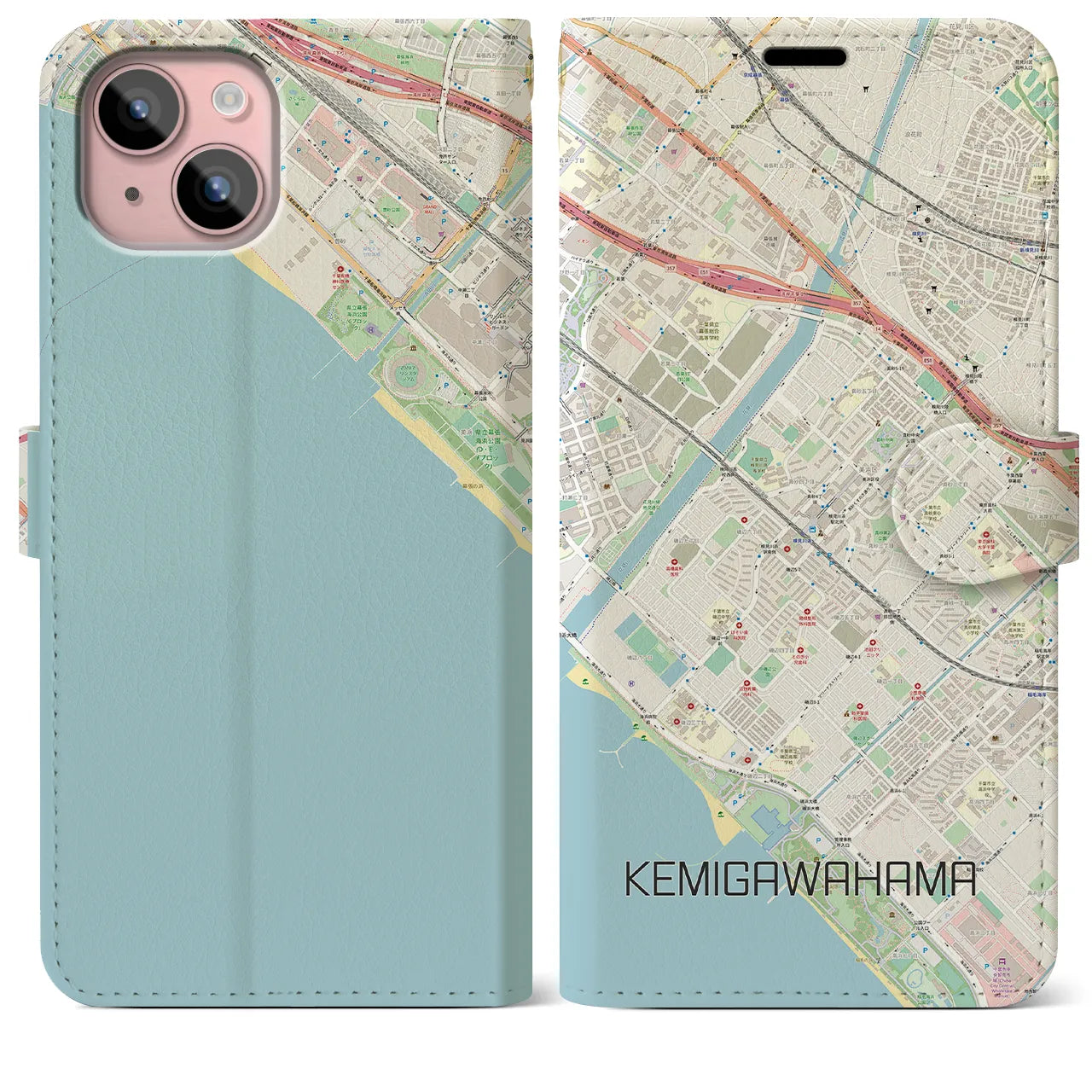 【検見川浜(千葉県)】地図柄iPhoneケース(手帳タイプ)ナチュラル・iPhone 15 Plus 用