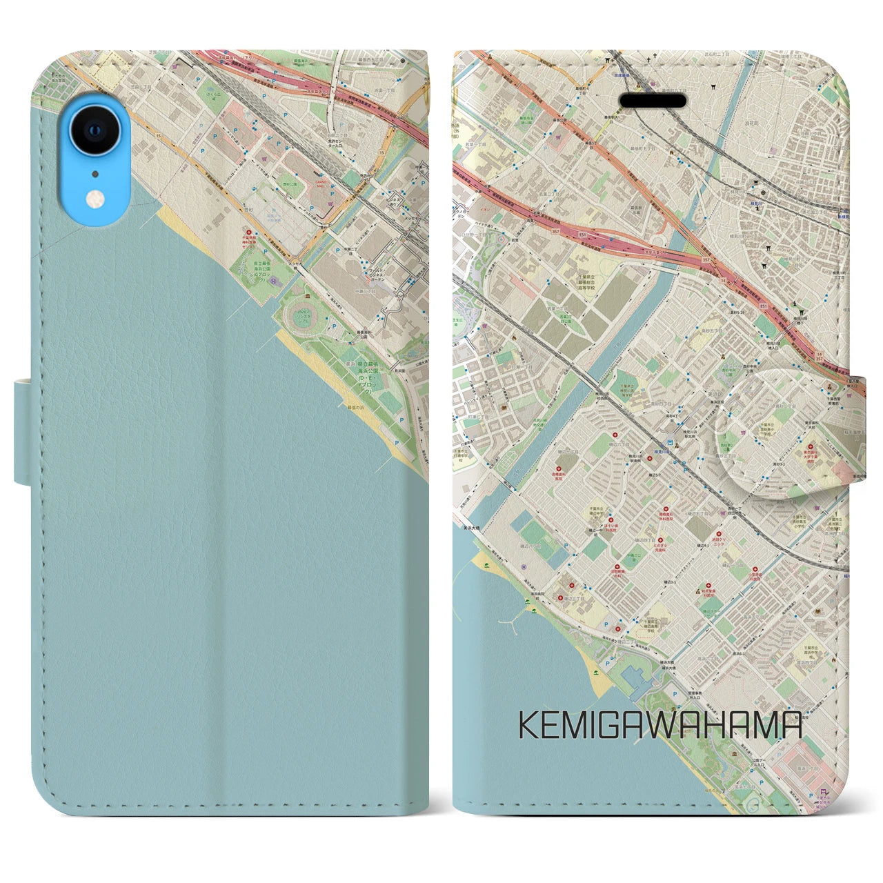 【検見川浜(千葉県)】地図柄iPhoneケース(手帳タイプ)ナチュラル・iPhone XR 用