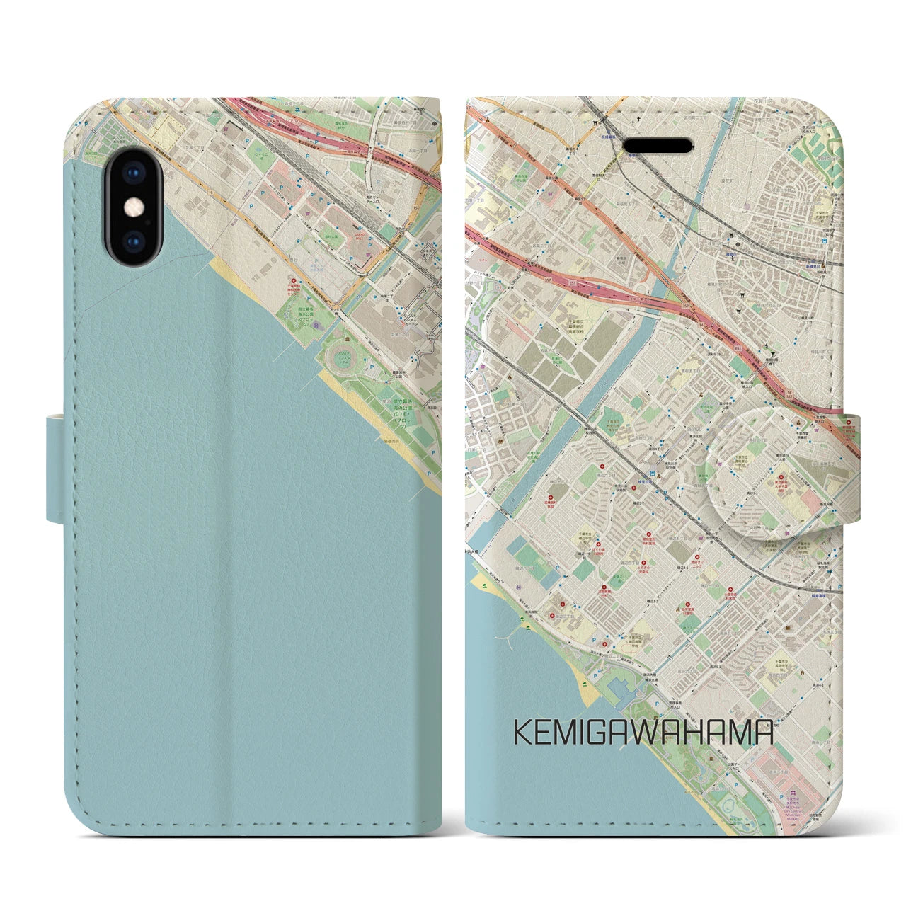 【検見川浜(千葉県)】地図柄iPhoneケース(手帳タイプ)ナチュラル・iPhone XS / X 用