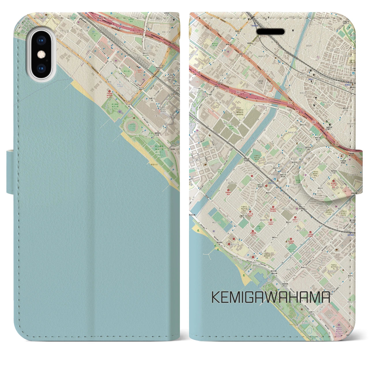 【検見川浜(千葉県)】地図柄iPhoneケース(手帳タイプ)ナチュラル・iPhone XS Max 用