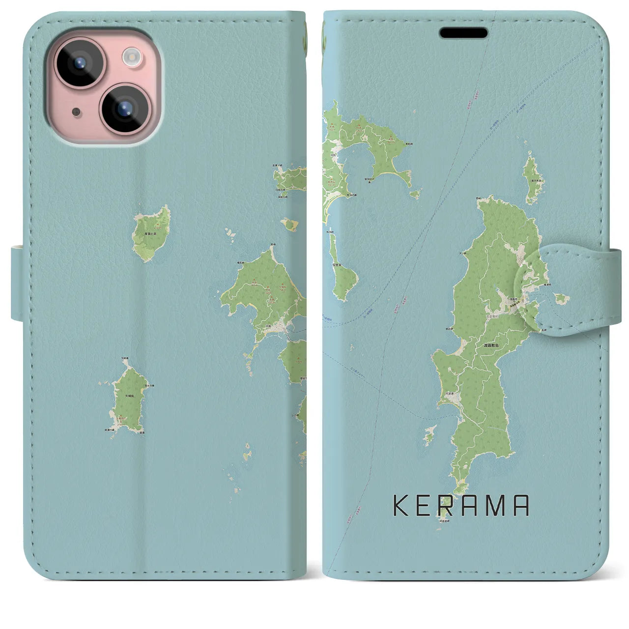 【慶良間(沖縄県)】地図柄iPhoneケース(手帳タイプ)ナチュラル・iPhone 15 Plus 用