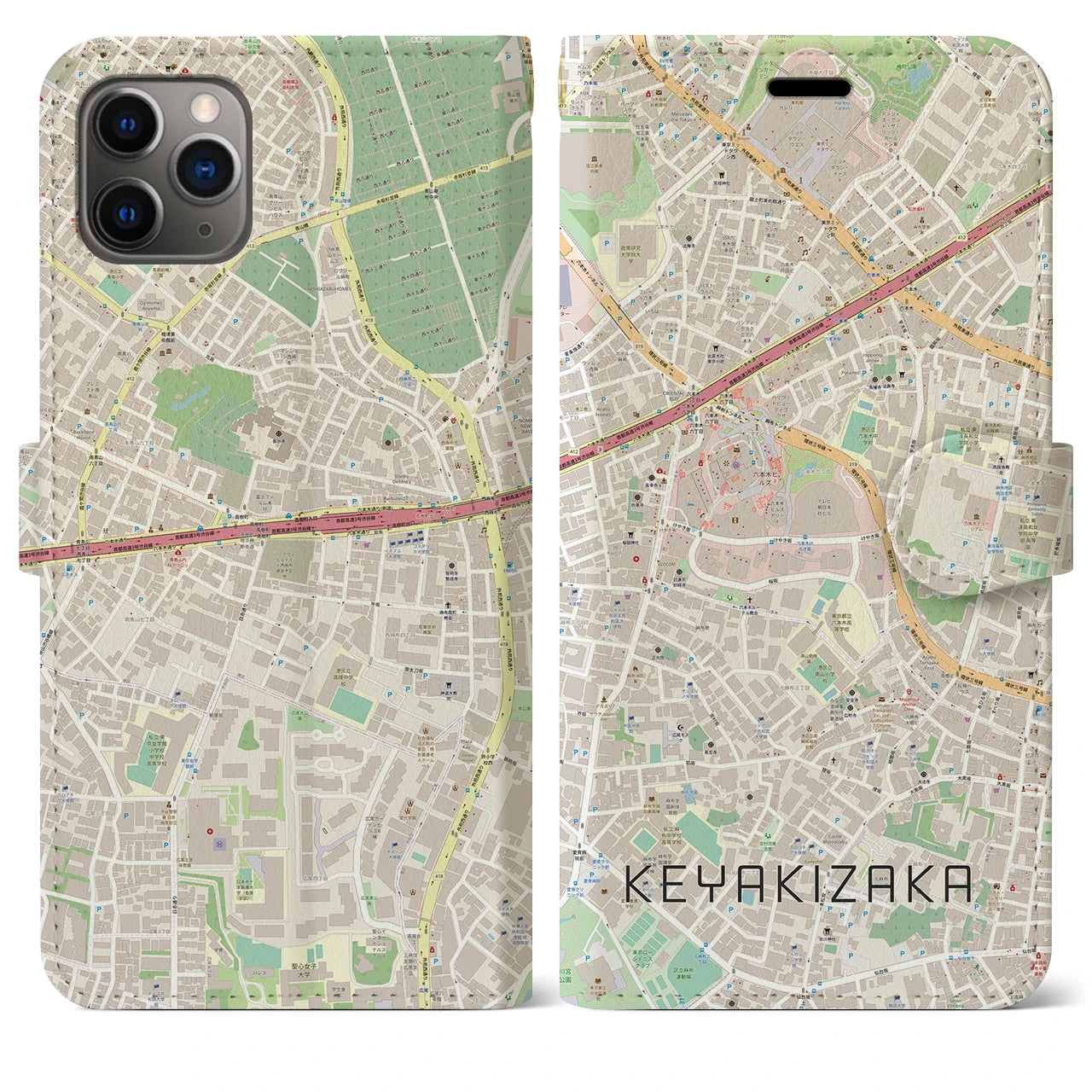 【けやき坂(東京都)】地図柄iPhoneケース(手帳タイプ)ナチュラル・iPhone 11 Pro Max 用