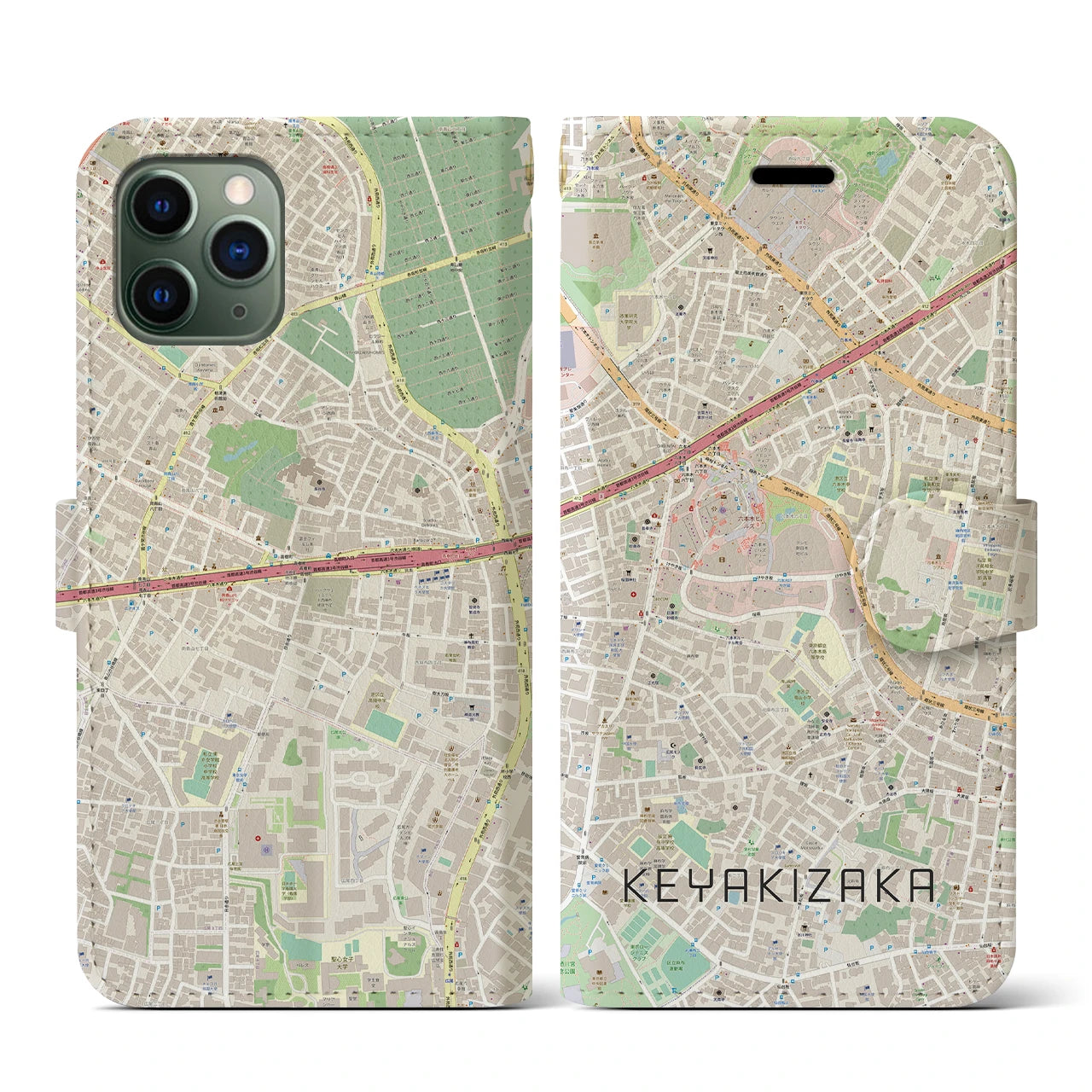 【けやき坂(東京都)】地図柄iPhoneケース(手帳タイプ)ナチュラル・iPhone 11 Pro 用