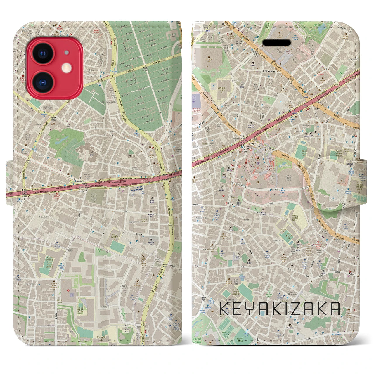【けやき坂(東京都)】地図柄iPhoneケース(手帳タイプ)ナチュラル・iPhone 11 用