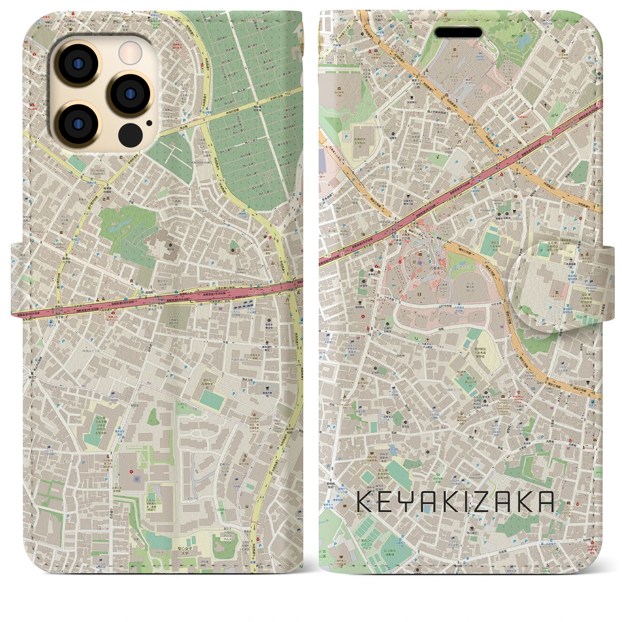 【けやき坂(東京都)】地図柄iPhoneケース(手帳タイプ)ナチュラル・iPhone 12 Pro Max 用