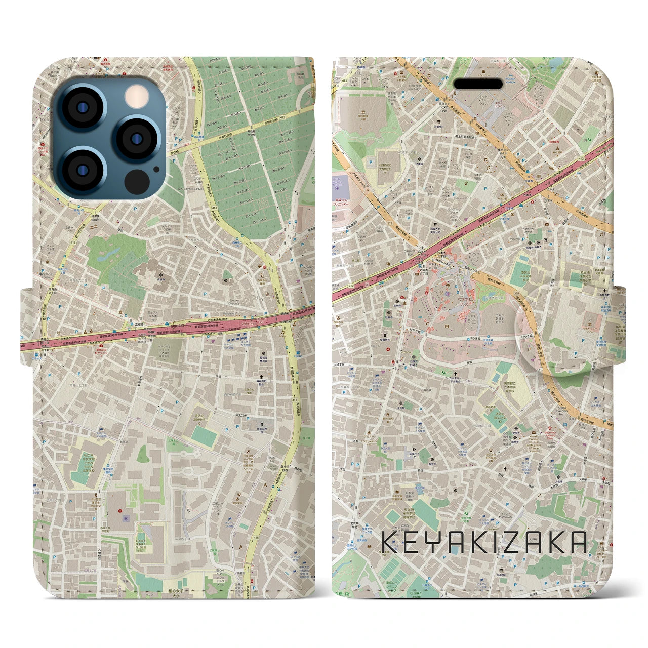 【けやき坂(東京都)】地図柄iPhoneケース(手帳タイプ)ナチュラル・iPhone 12 / 12 Pro 用