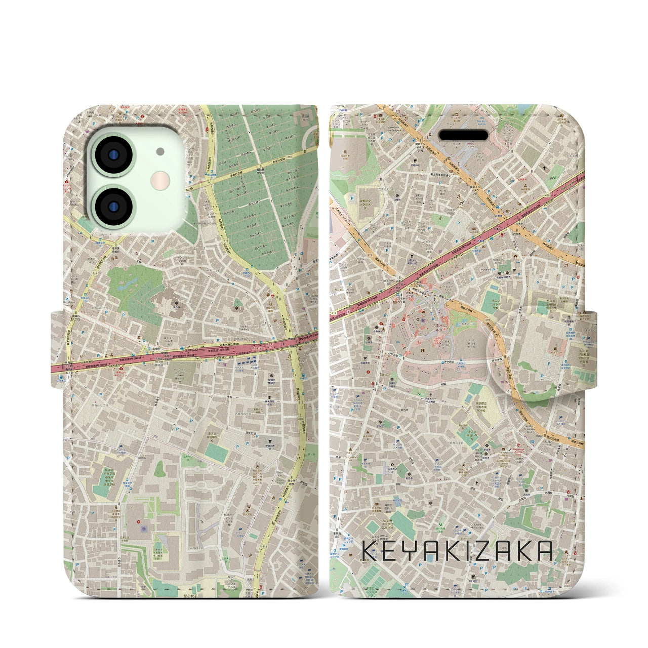 【けやき坂(東京都)】地図柄iPhoneケース(手帳タイプ)ナチュラル・iPhone 12 mini 用