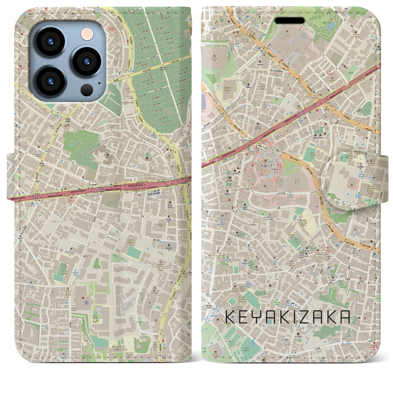 【けやき坂(東京都)】地図柄iPhoneケース(手帳タイプ)ナチュラル・iPhone 13 Pro Max 用
