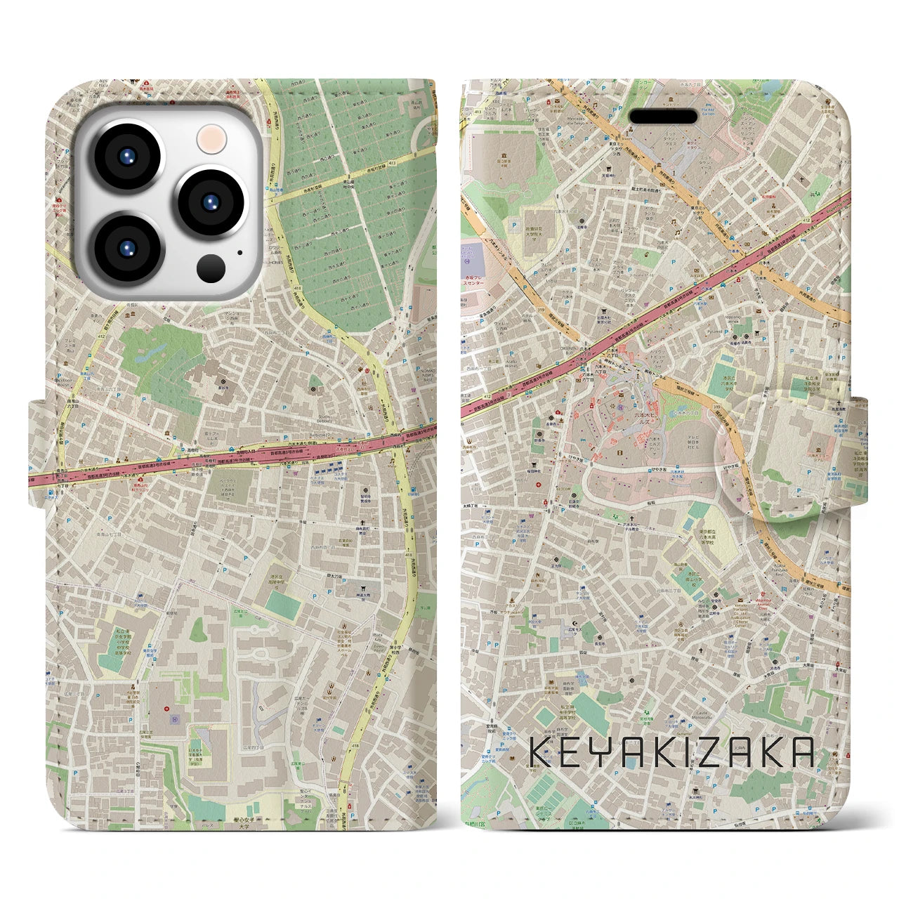 【けやき坂(東京都)】地図柄iPhoneケース(手帳タイプ)ナチュラル・iPhone 13 Pro 用