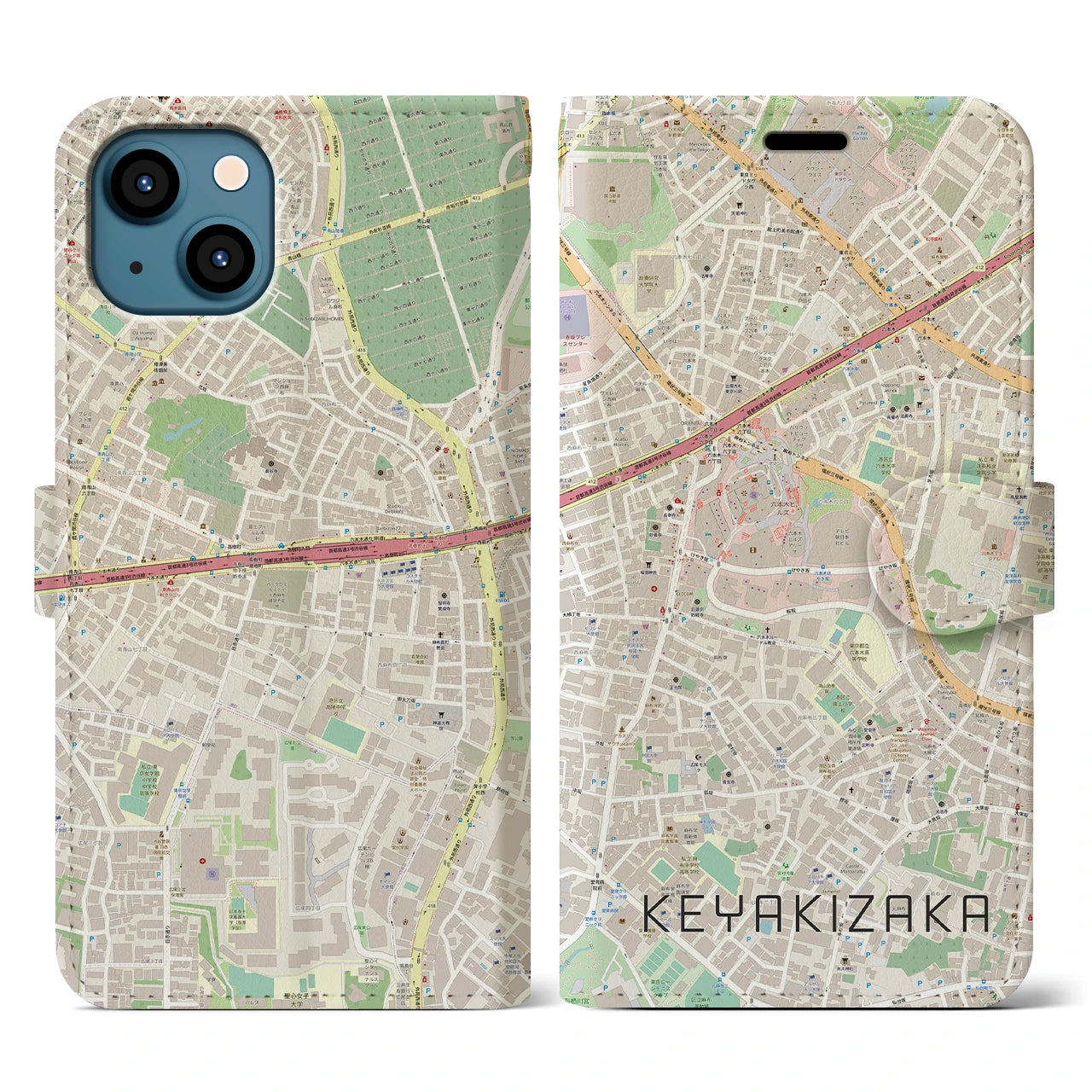 【けやき坂(東京都)】地図柄iPhoneケース(手帳タイプ)ナチュラル・iPhone 13 用