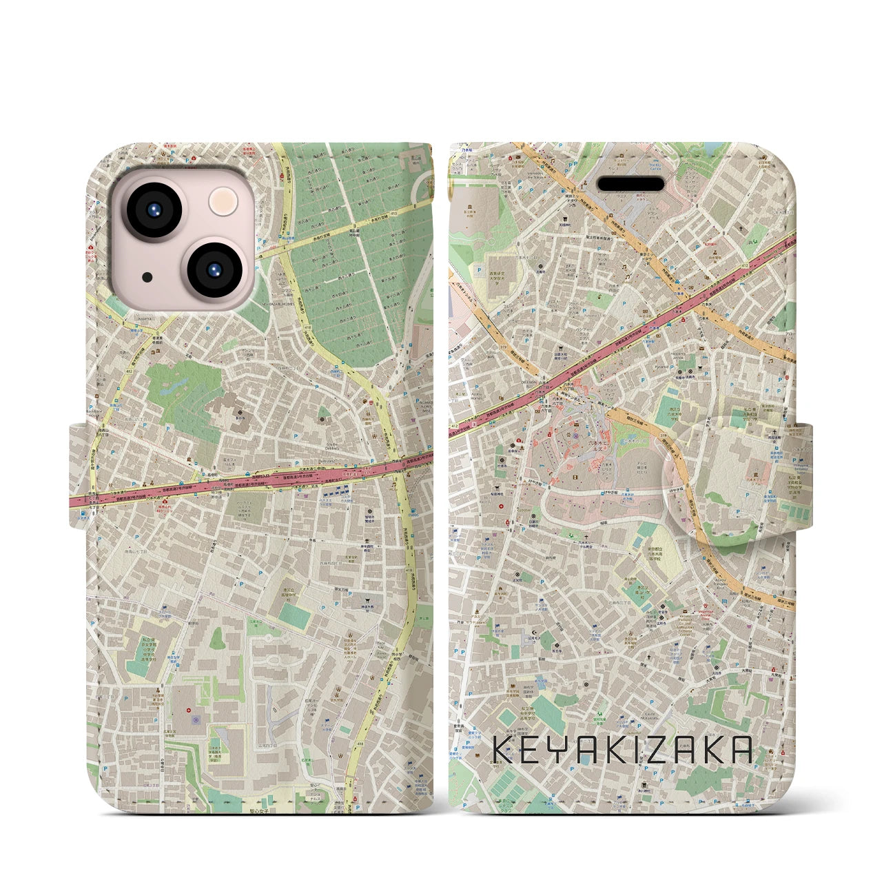 【けやき坂(東京都)】地図柄iPhoneケース(手帳タイプ)ナチュラル・iPhone 13 mini 用