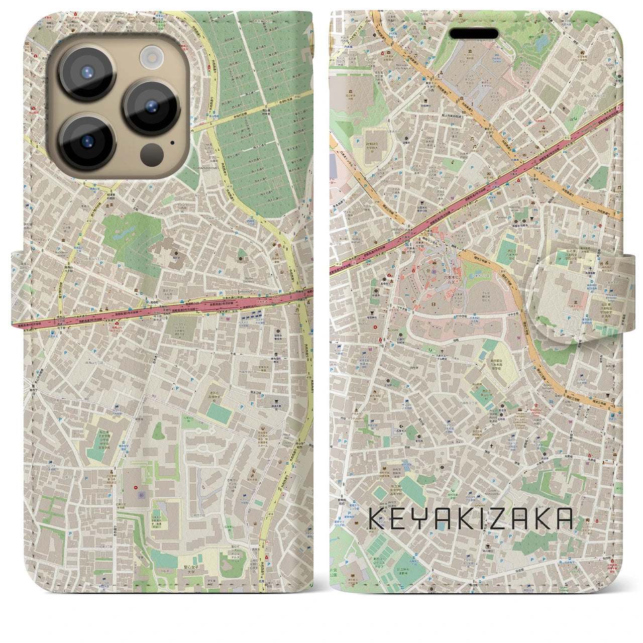 【けやき坂(東京都)】地図柄iPhoneケース(手帳タイプ)ナチュラル・iPhone 14 Pro Max 用