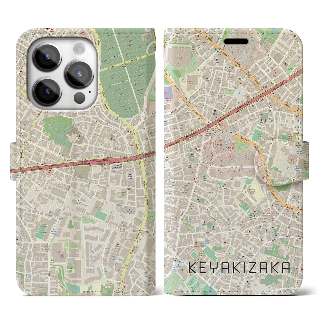 【けやき坂(東京都)】地図柄iPhoneケース(手帳タイプ)ナチュラル・iPhone 14 Pro 用