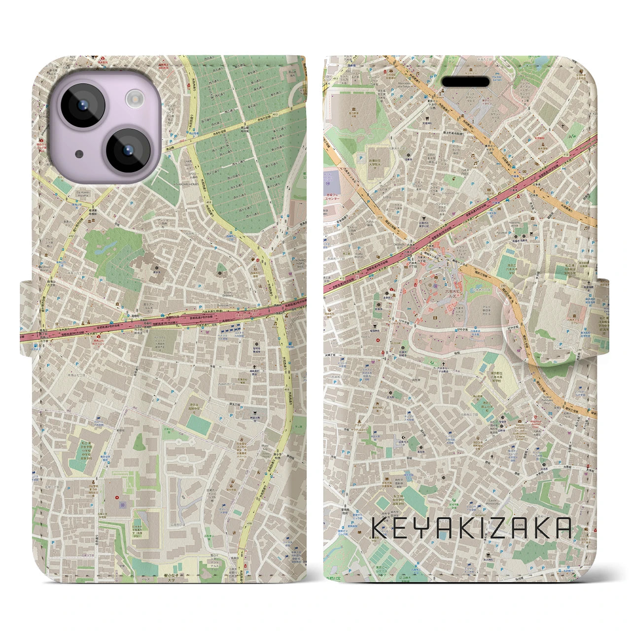 【けやき坂(東京都)】地図柄iPhoneケース(手帳タイプ)ナチュラル・iPhone 14 用