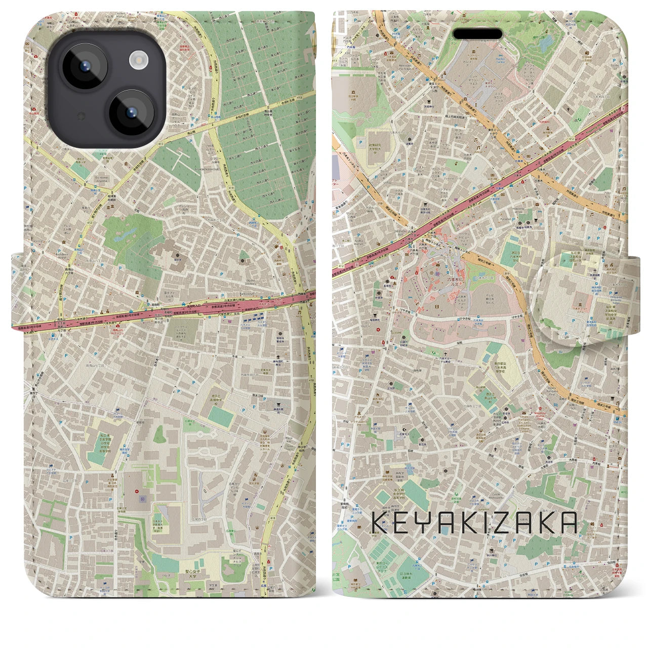 【けやき坂(東京都)】地図柄iPhoneケース(手帳タイプ)ナチュラル・iPhone 14 Plus 用