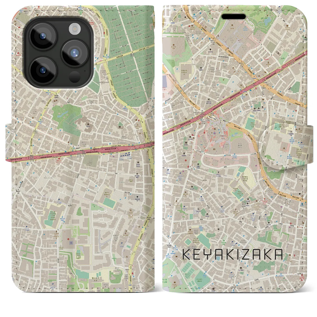 【けやき坂(東京都)】地図柄iPhoneケース(手帳タイプ)ナチュラル・iPhone 15 Pro Max 用
