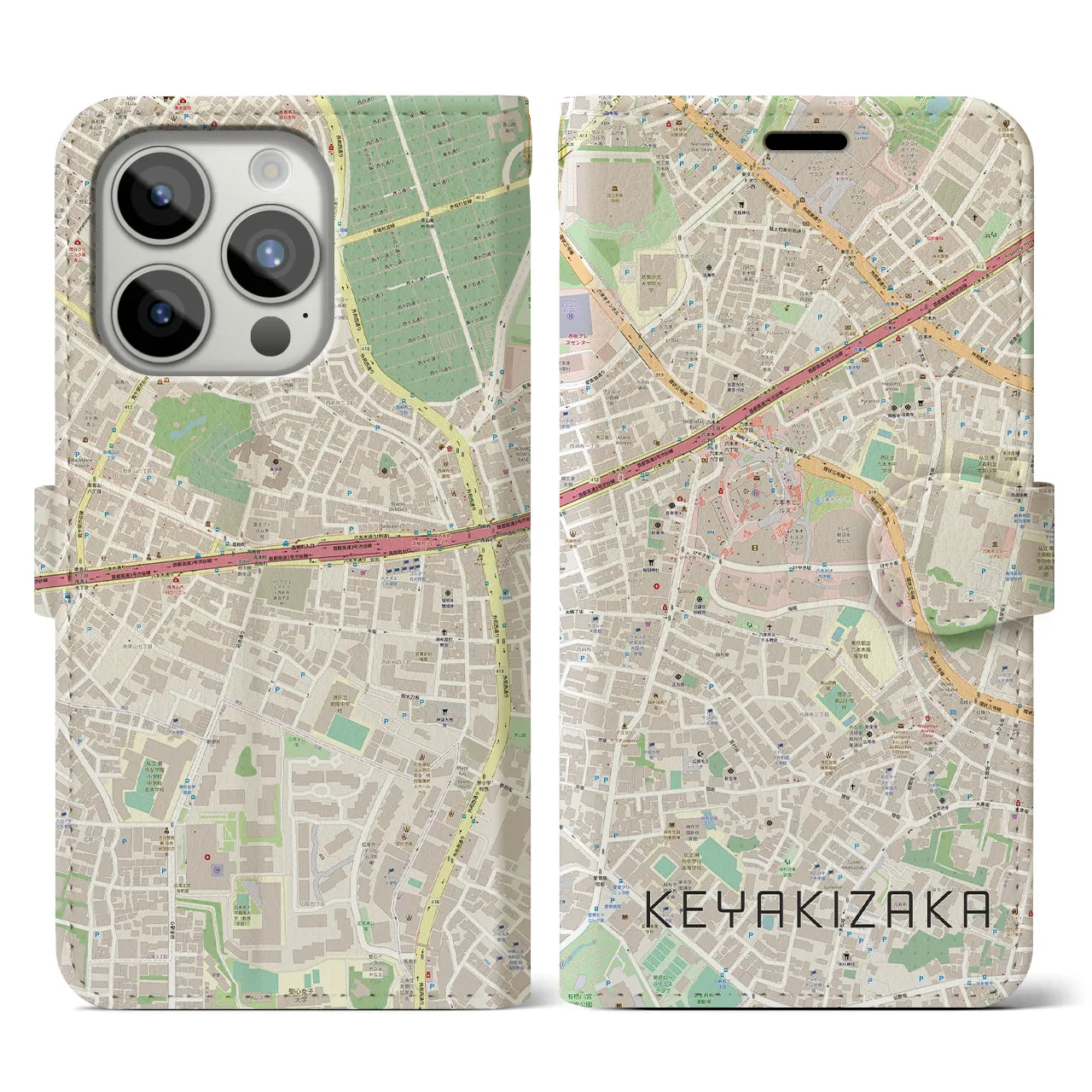 【けやき坂(東京都)】地図柄iPhoneケース(手帳タイプ)ナチュラル・iPhone 15 Pro 用