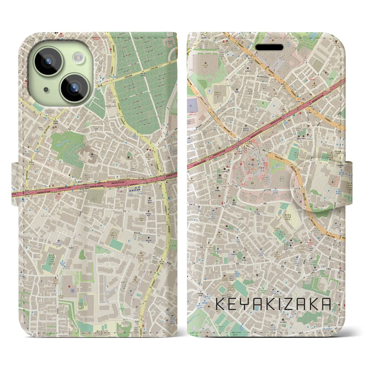 【けやき坂(東京都)】地図柄iPhoneケース(手帳タイプ)ナチュラル・iPhone 15 用