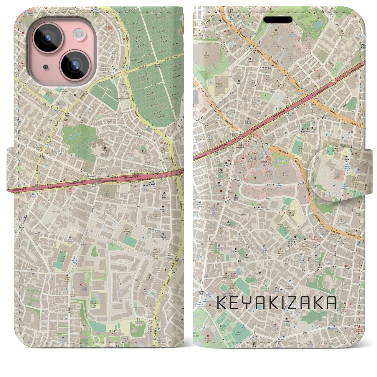 【けやき坂(東京都)】地図柄iPhoneケース(手帳タイプ)ナチュラル・iPhone 15 Plus 用