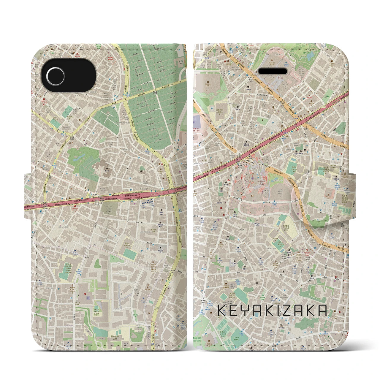 【けやき坂(東京都)】地図柄iPhoneケース(手帳タイプ)ナチュラル・iPhone SE(第3 / 第2世代) / 8 / 7 / 6s / 6 用