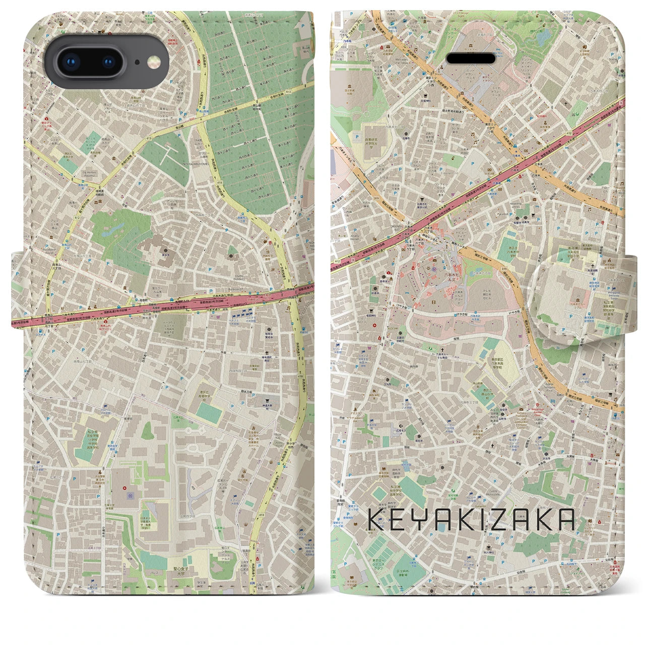 【けやき坂(東京都)】地図柄iPhoneケース(手帳タイプ)ナチュラル・iPhone 8Plus /7Plus / 6sPlus / 6Plus 用