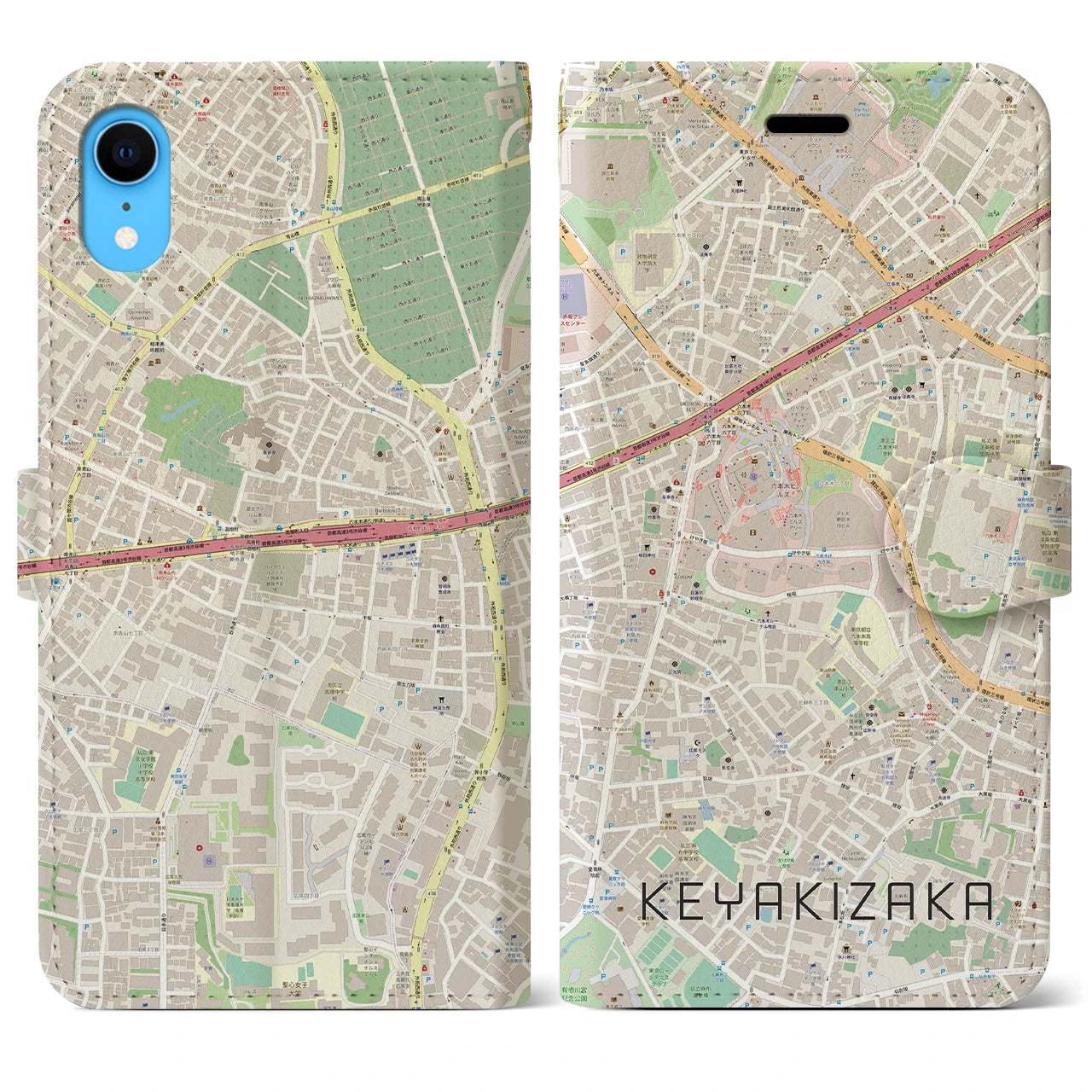 【けやき坂(東京都)】地図柄iPhoneケース(手帳タイプ)ナチュラル・iPhone XR 用