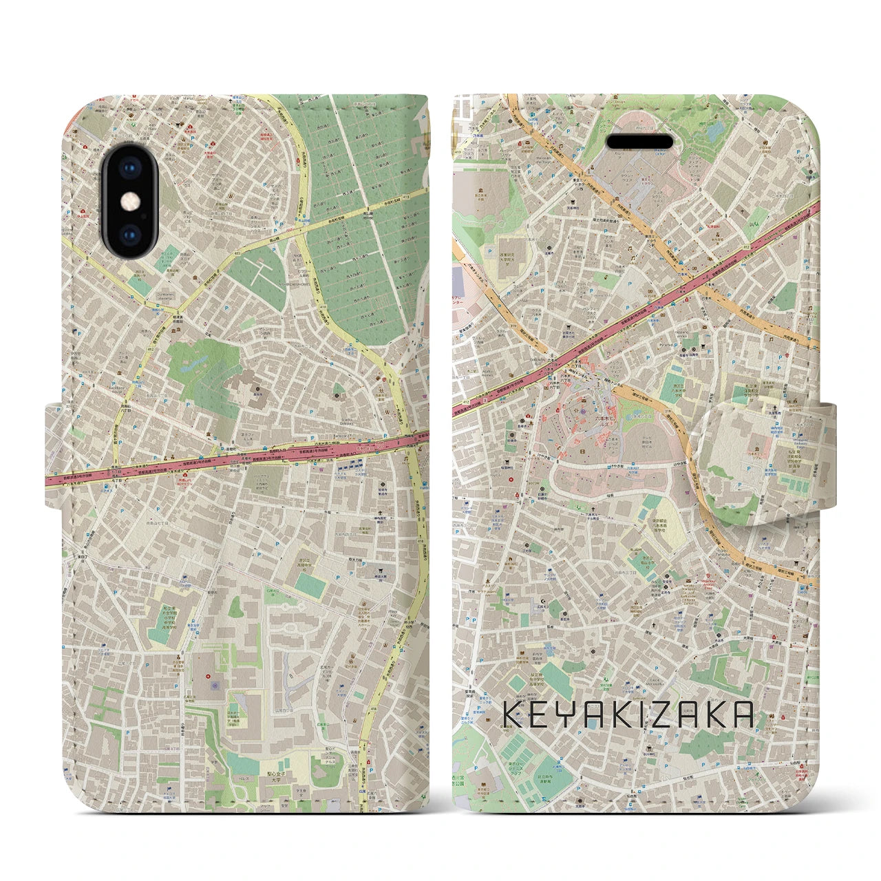 【けやき坂(東京都)】地図柄iPhoneケース(手帳タイプ)ナチュラル・iPhone XS / X 用