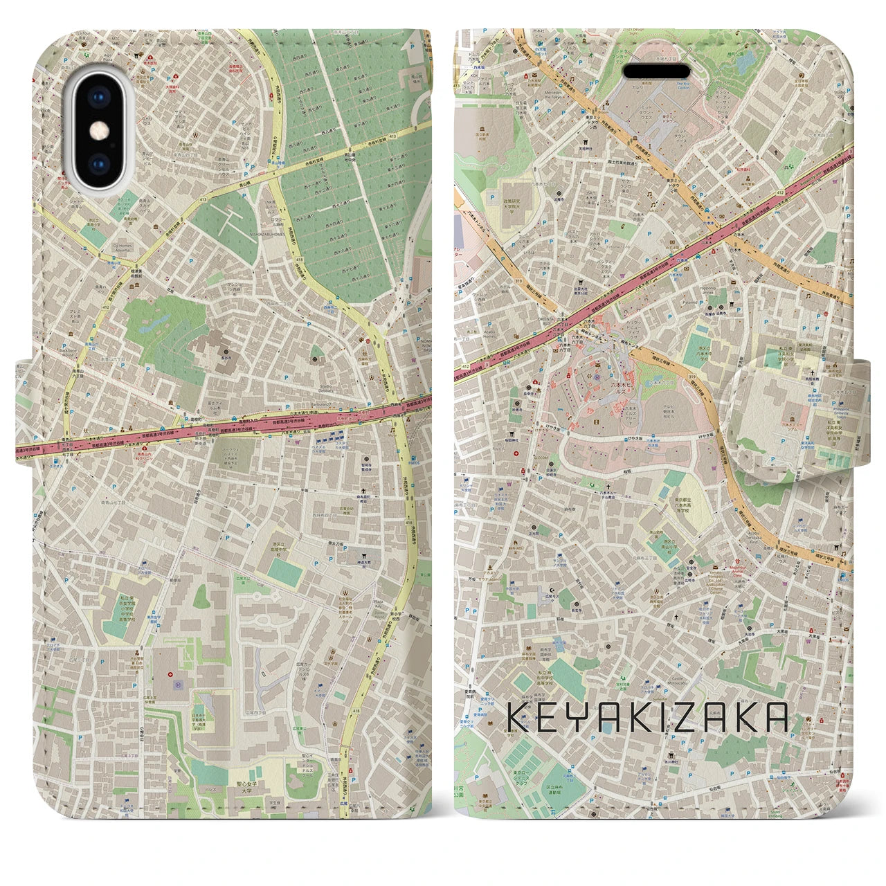 【けやき坂(東京都)】地図柄iPhoneケース(手帳タイプ)ナチュラル・iPhone XS Max 用