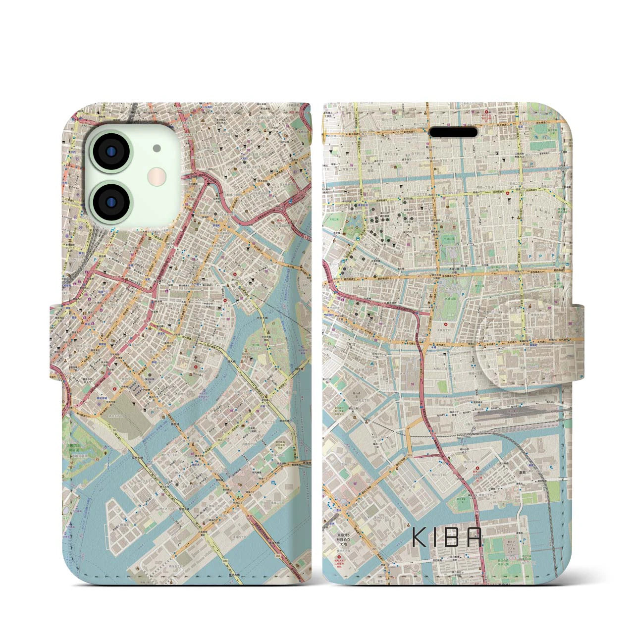 【木場(東京都)】地図柄iPhoneケース(手帳タイプ)ナチュラル・iPhone 12 mini 用