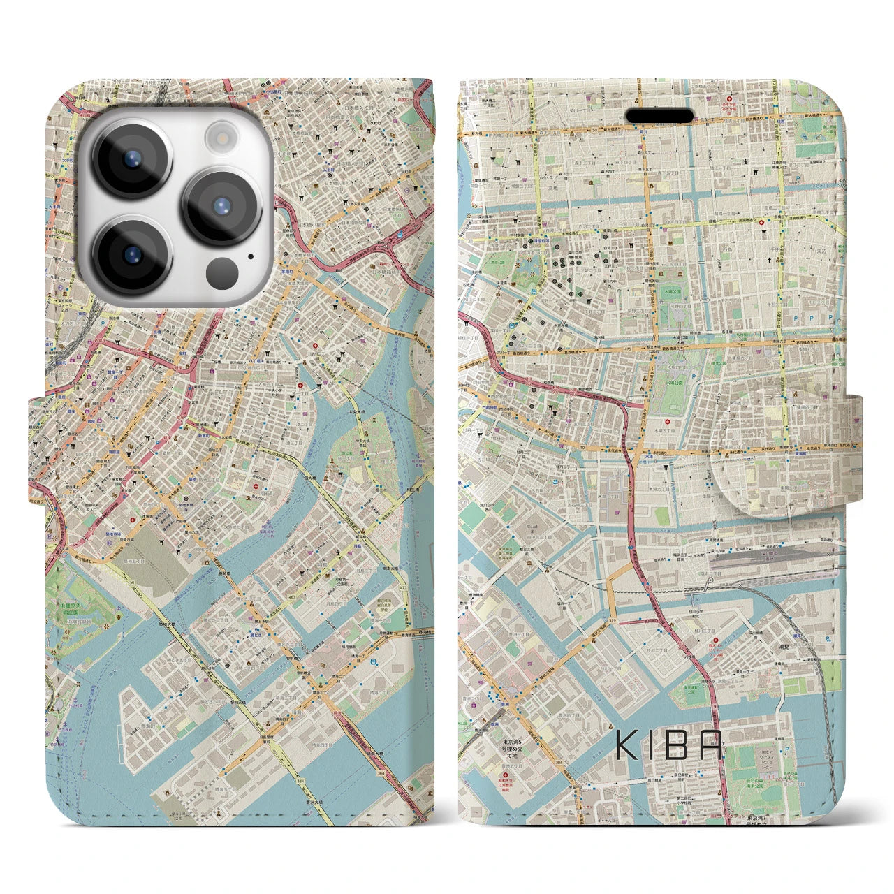 【木場(東京都)】地図柄iPhoneケース(手帳タイプ)ナチュラル・iPhone 14 Pro 用