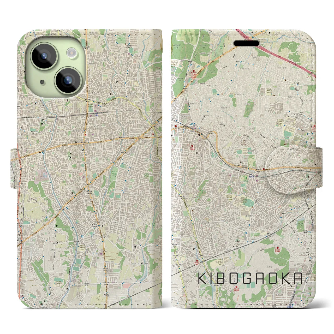 【希望ヶ丘(神奈川県)】地図柄iPhoneケース(手帳タイプ)ナチュラル・iPhone 15 用