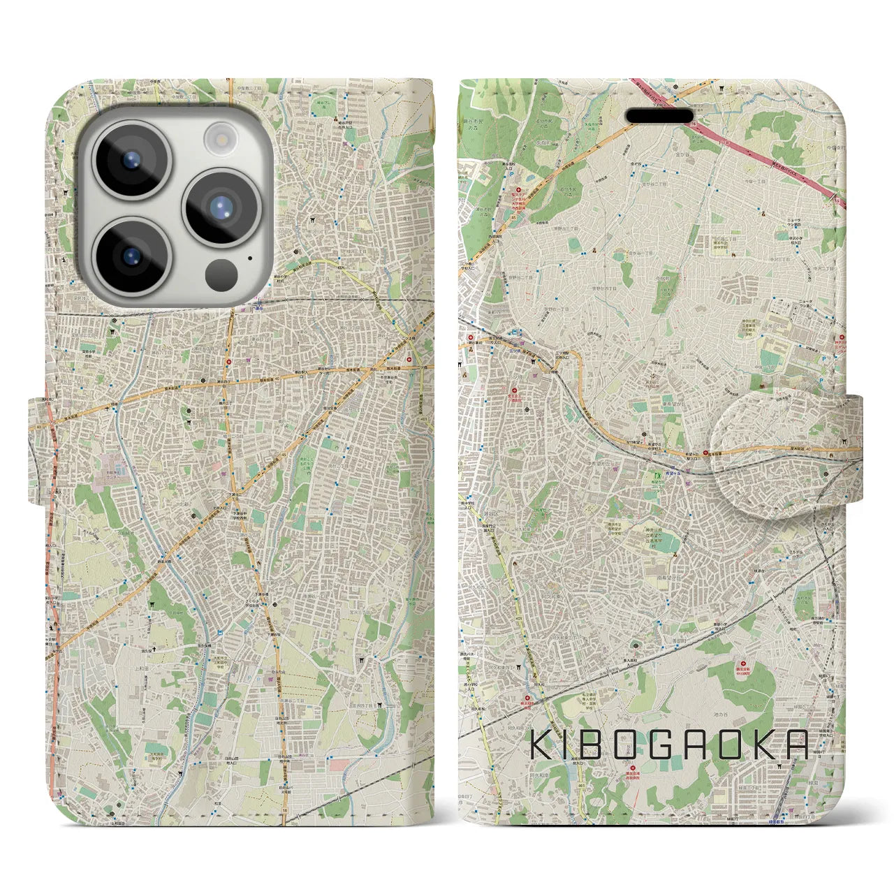 【希望ヶ丘(神奈川県)】地図柄iPhoneケース(手帳タイプ)ナチュラル・iPhone 15 Pro 用