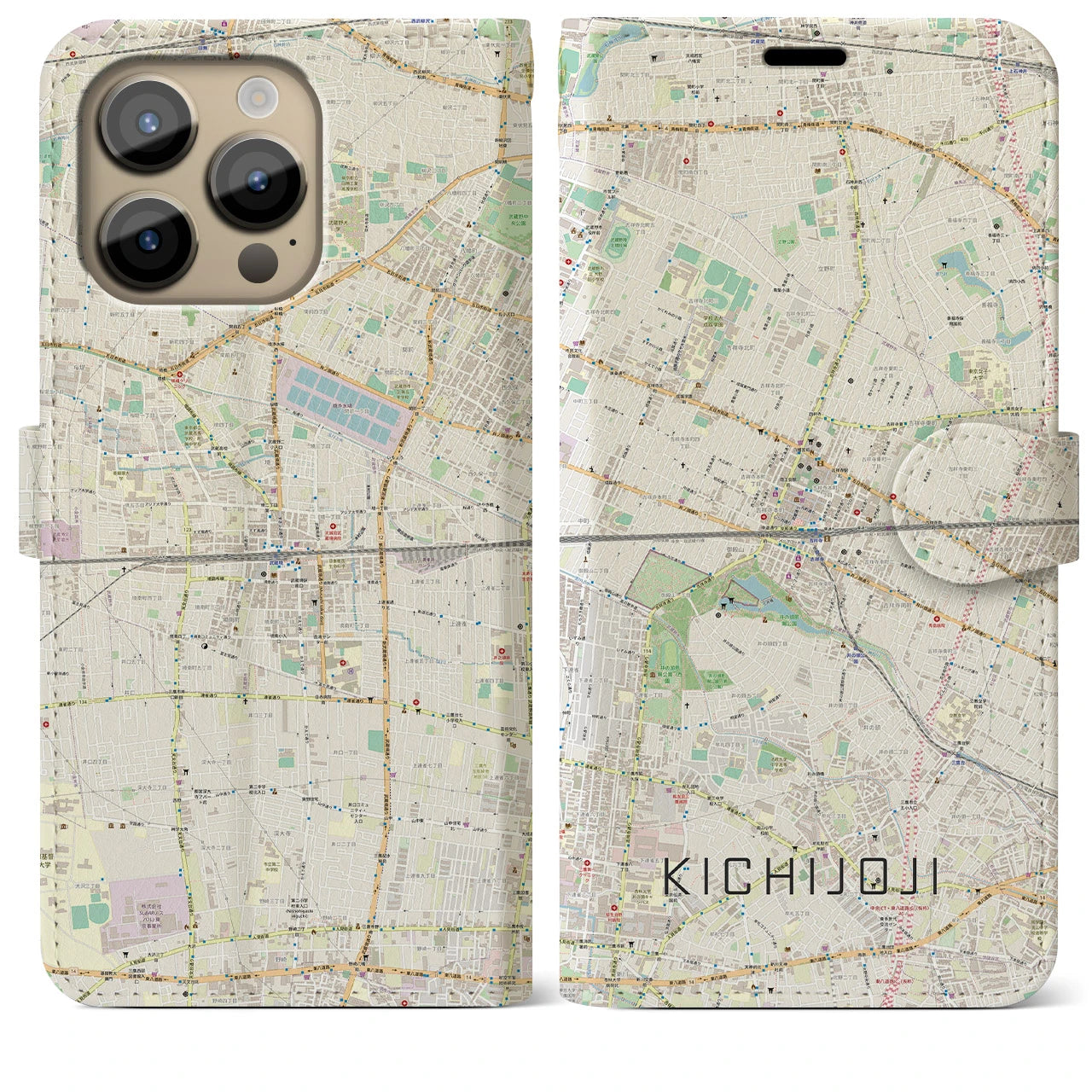 【吉祥寺2(東京都)】地図柄iPhoneケース(手帳タイプ)ナチュラル・iPhone 14 Pro Max 用