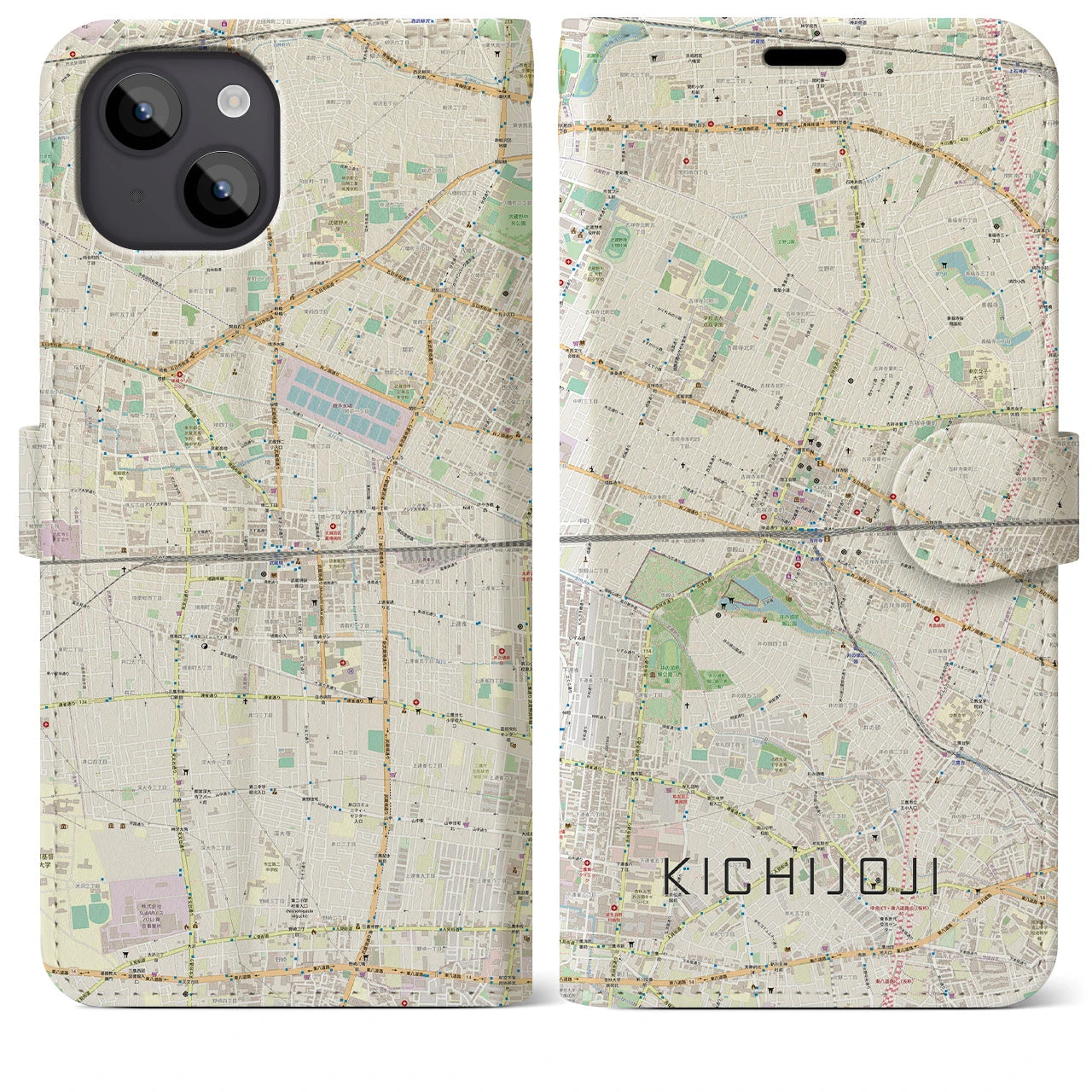 【吉祥寺2(東京都)】地図柄iPhoneケース(手帳タイプ)ナチュラル・iPhone 14 Plus 用