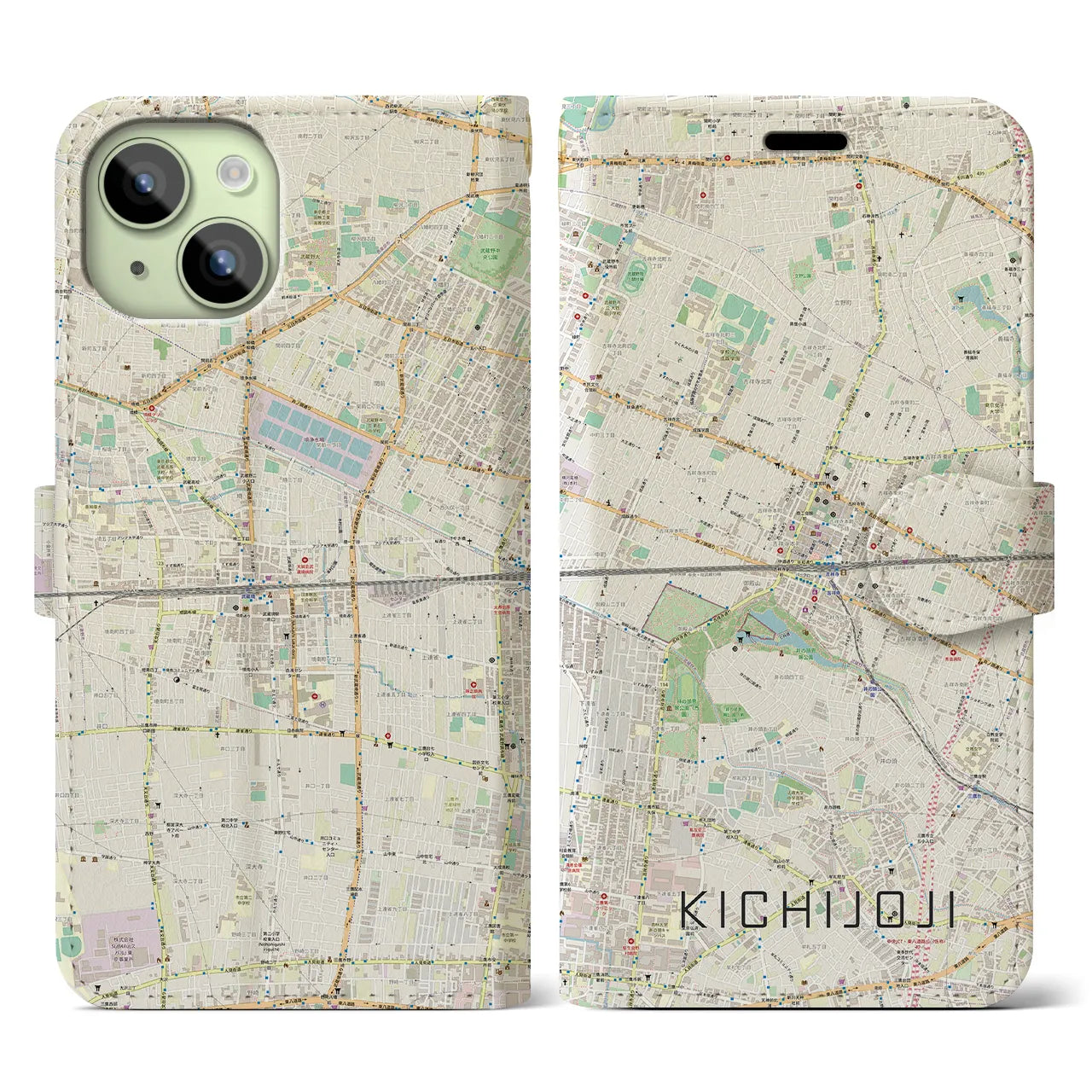 【吉祥寺2(東京都)】地図柄iPhoneケース(手帳タイプ)ナチュラル・iPhone 15 用